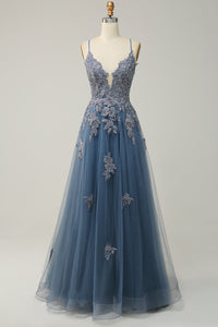 V Neck Prom Dress A-Line Spaghetti Straps Lace Applique Formal Gown Ms2509011