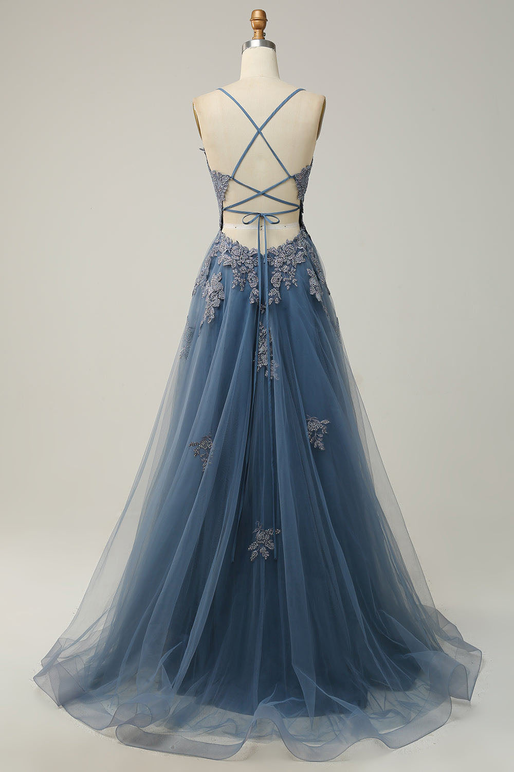 V Neck Prom Dress A-Line Spaghetti Straps Lace Applique Formal Gown Ms2509011