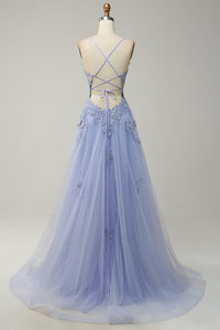 V Neck Prom Dress A-Line Spaghetti Straps Lace Applique Formal Gown Ms2509011