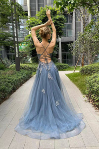 V Neck Prom Dress A-Line Spaghetti Straps Lace Applique Formal Gown Ms2509011