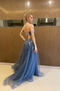 V Neck Prom Dress A-Line Spaghetti Straps Lace Applique Formal Gown Ms2509011