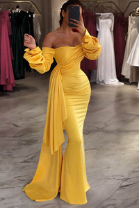 Off Shoulder Ruched Long Sleeve Evening Dress Bodycon Prom Dress Ms2512131