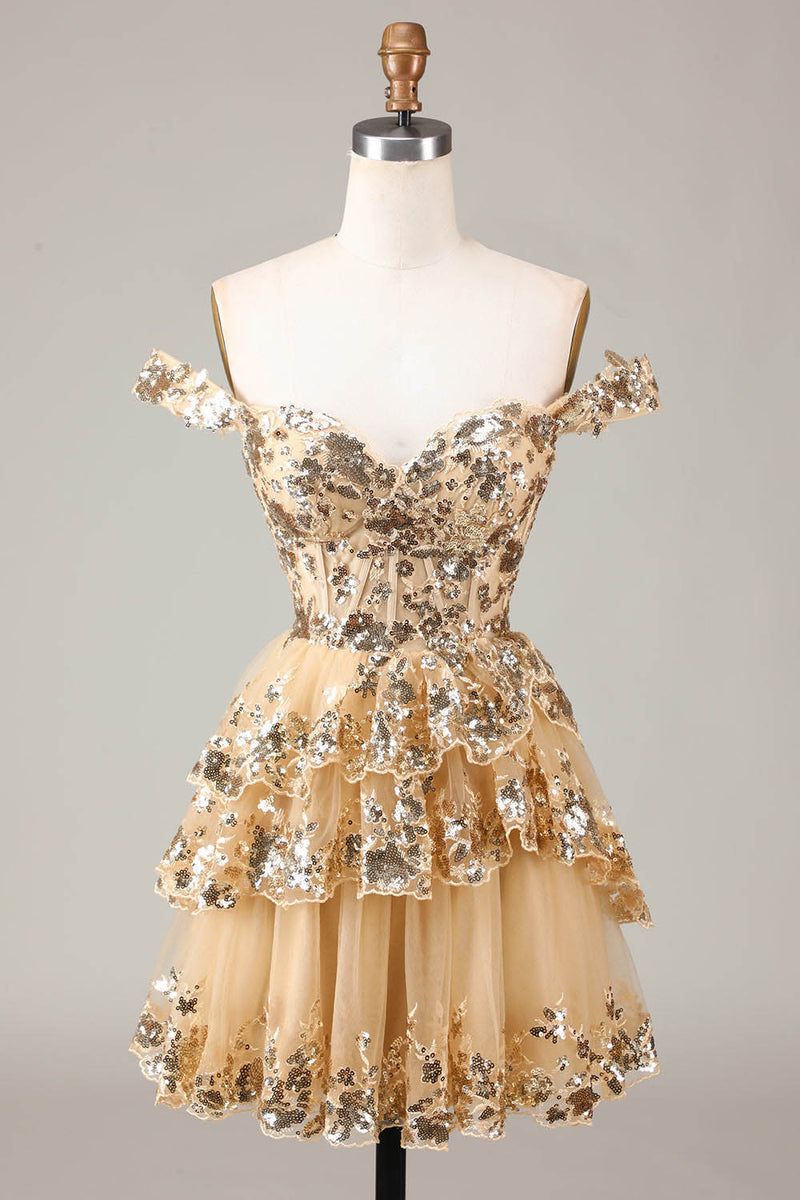 Gold Sequin Prom Dress Lace Layered Off Shoulder Mini Party Dress Ms09193