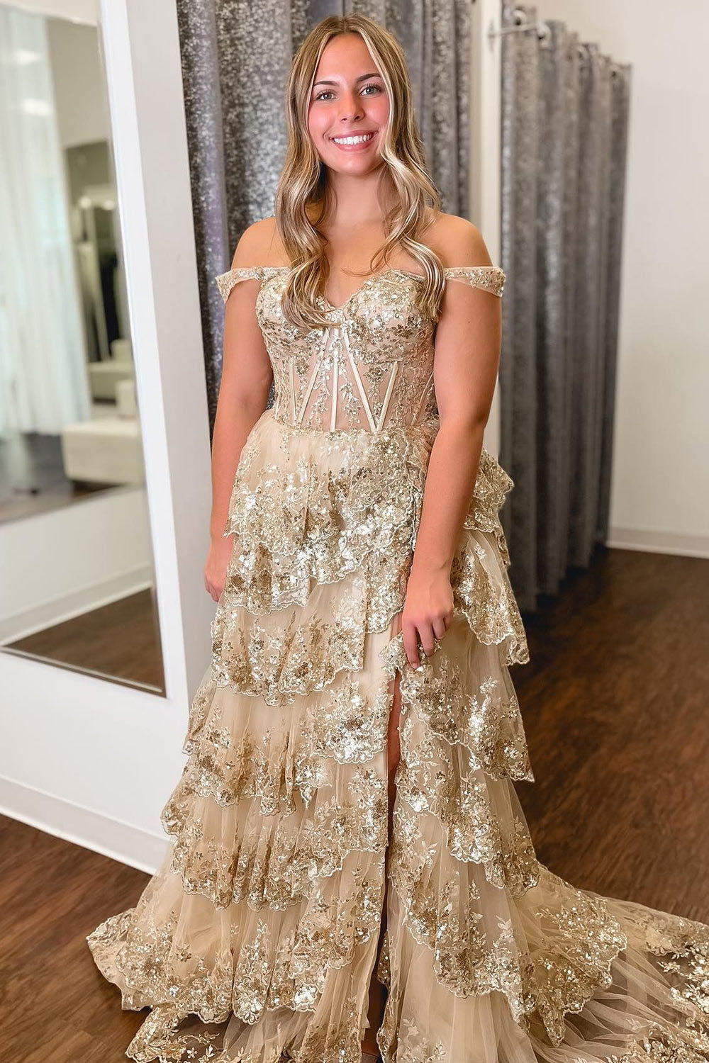 Layered Lace Appliques Prom Dress Off Shoulder Corset Evening Dress Ms2509071