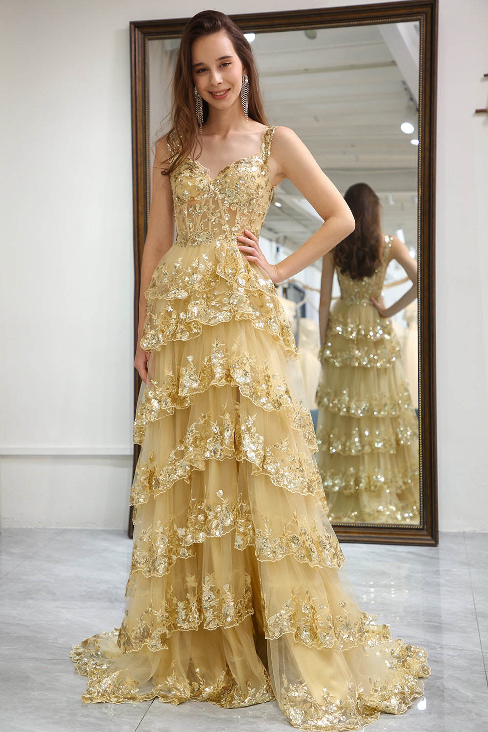 Sparkly Golden Tiered A-Line Long Prom Dress with Lace Evening Dress Ms251063
