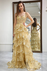 Sparkly Golden Tiered A-Line Long Prom Dress with Lace Evening Dress Ms251063