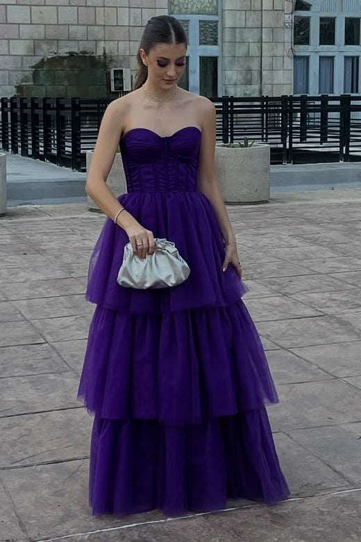 Luxury Prom Dress Strapless Tiered Tulle A Line Evening Gown Formal Party Dress Ms2607223