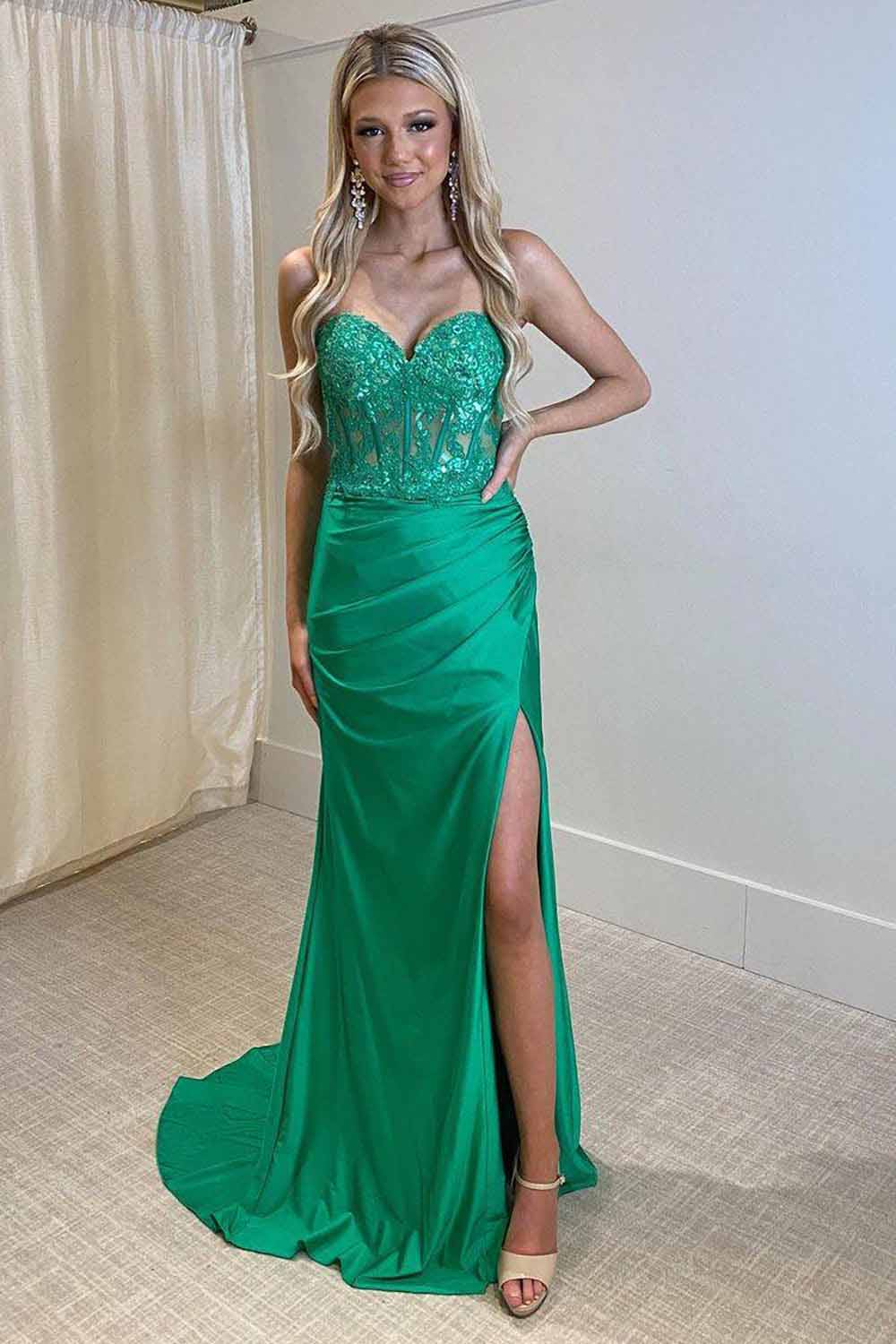 Strapless Corset Prom Dress Sequin Lace High Slit Satin Party Gown Ms2510186