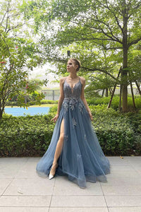 V Neck Prom Dress A-Line Spaghetti Straps Lace Applique Formal Gown Ms2509011