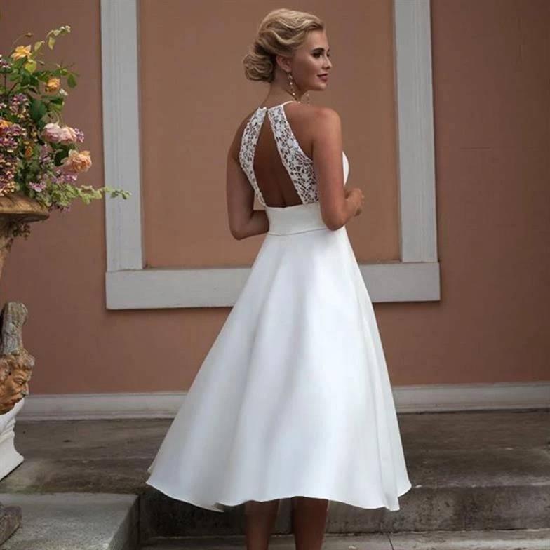 Short Wedding Dress 2025 Halter Open Back Sexy Bridal Gown With Pocket Ms2505124