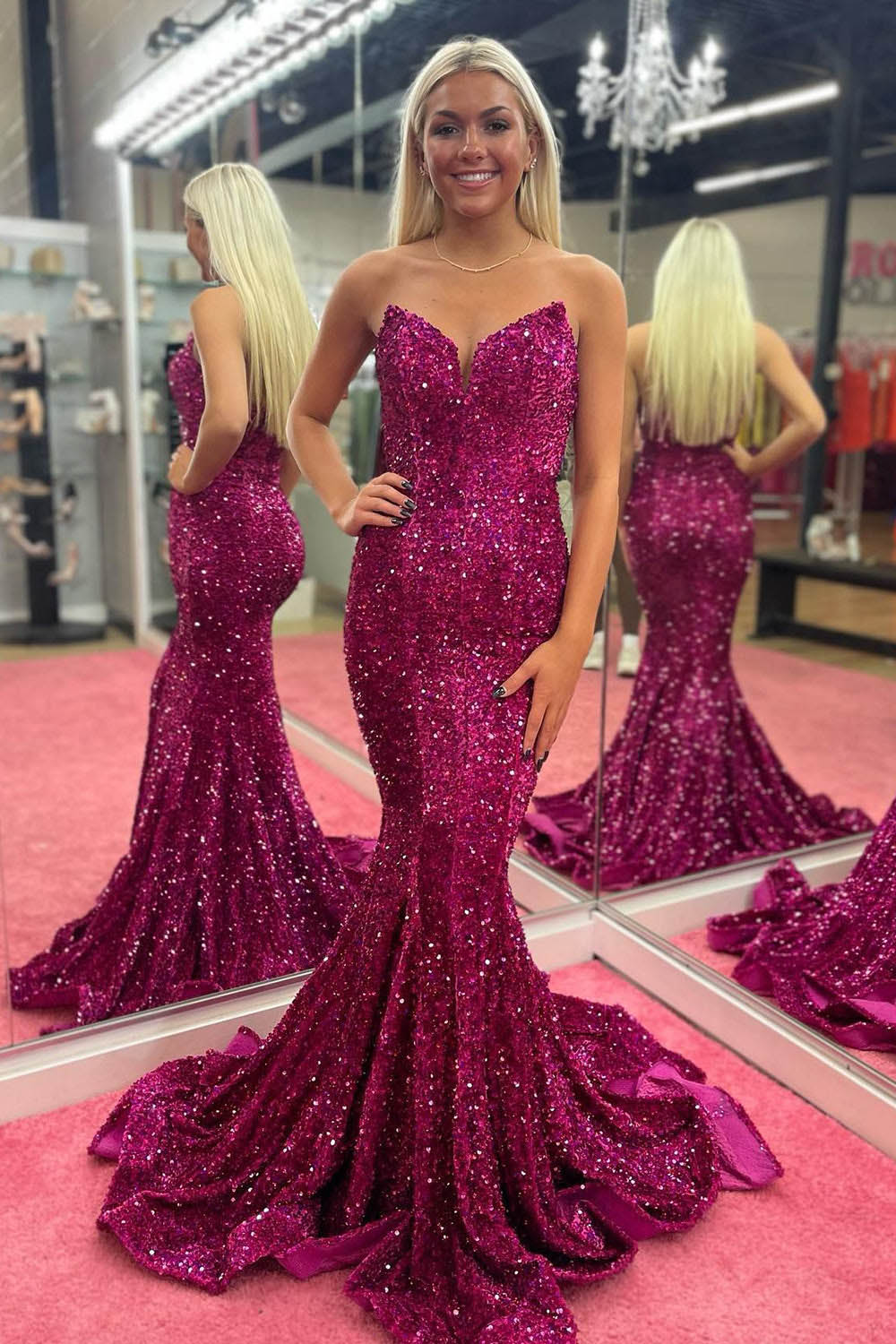 Red Strapless Mermaid Evening Dress Sparkly Long Prom Dress Ms2509211
