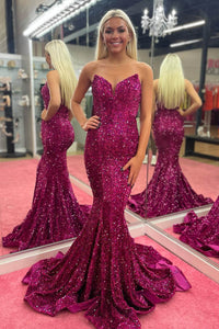 Red Strapless Mermaid Evening Dress Sparkly Long Prom Dress Ms2509211