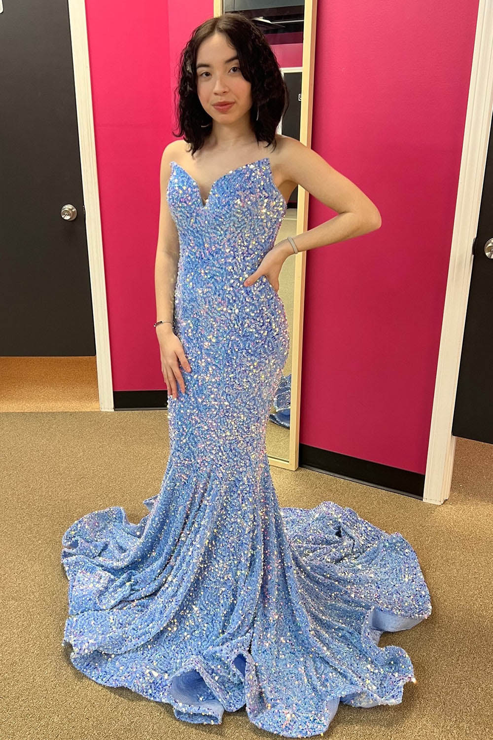 Red Strapless Mermaid Evening Dress Sparkly Long Prom Dress Ms2509211