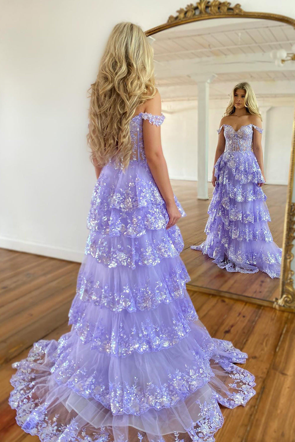 Layered Lace Appliques Prom Dress Off Shoulder Corset Evening Dress Ms2509071