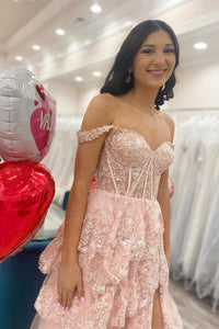 Layered Lace Appliques Prom Dress Off Shoulder Corset Evening Dress Ms2509071