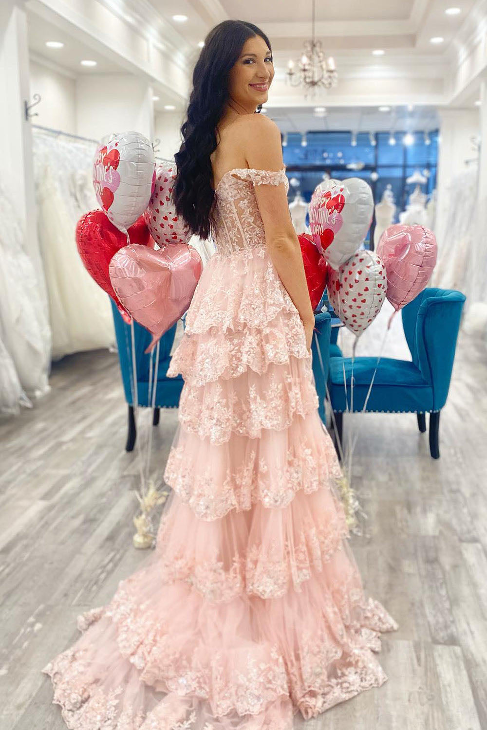 Layered Lace Appliques Prom Dress Off Shoulder Corset Evening Dress Ms2509071
