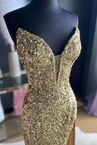 Fuchisa Sequin Prom Dress Sexy High Slit Mermaid Sparkly Formal Dress Ms2511182