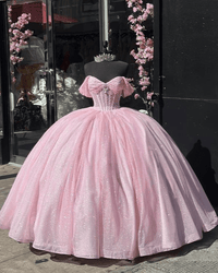 Quinceanera Dresses Off Shoulder Ball Gown Pleated Glitter Princess Corset Formal Dress Ms2605044