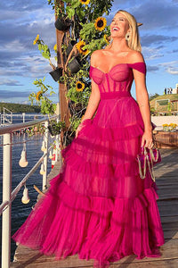Fuchsia Tulle Prom Dress Tiered Ruffle Corset Evening Dress Formal Prom Party Gown Ms2505081