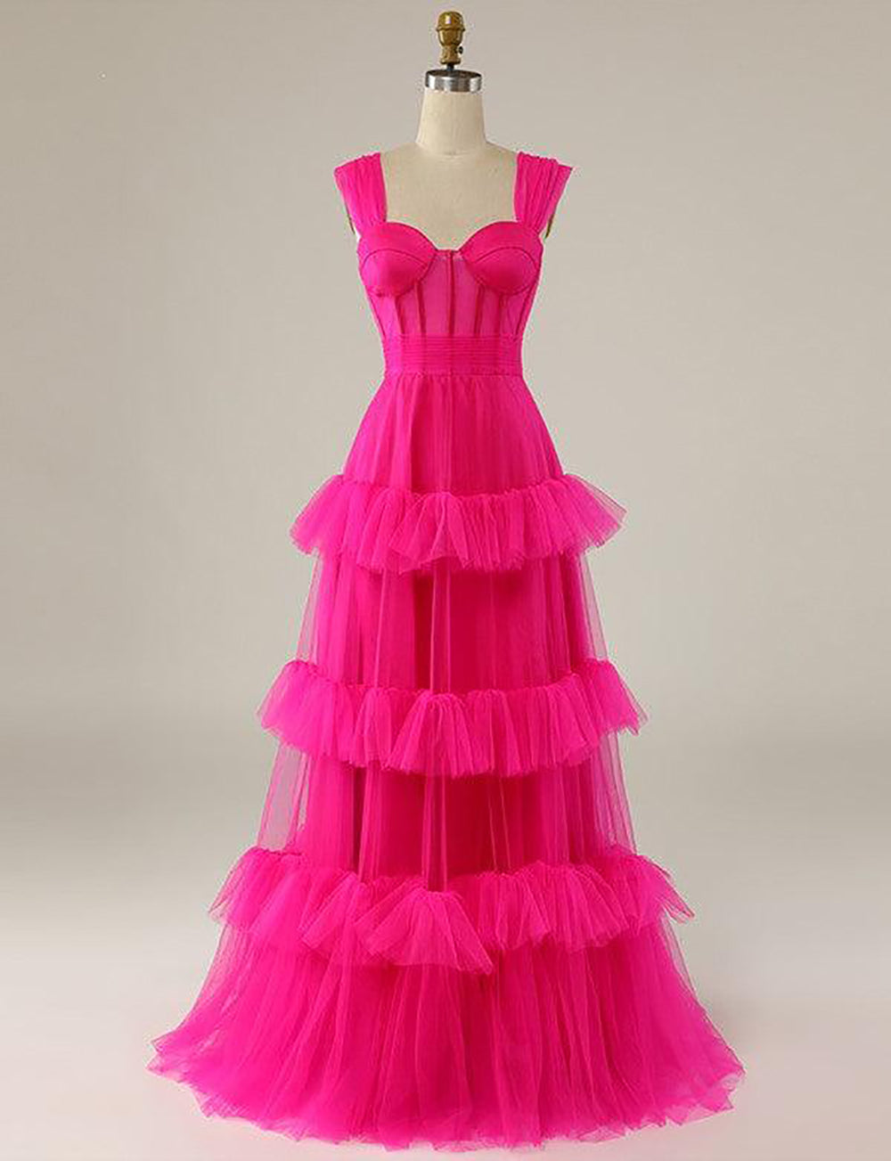 Fuchsia Tulle Prom Dress Tiered Ruffle Corset Evening Dress Formal Prom Party Gown Ms2505081