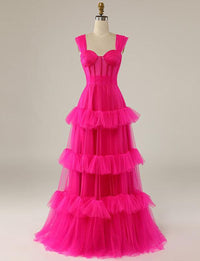 Fuchsia Tulle Prom Dress Tiered Ruffle Corset Evening Dress Formal Prom Party Gown Ms2505081
