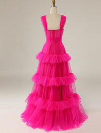Fuchsia Tulle Prom Dress Tiered Ruffle Corset Evening Dress Formal Prom Party Gown Ms2505081