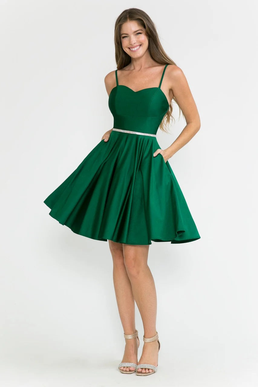 Satin Homecoming Dres Spaghetti Straps A Line Short Cocktail Dress with Pockets Ms10235