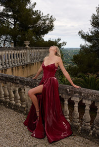 Burgundy Strapless Corset High Slit Sparkly Satin Formal Evening Gown Ms2512357