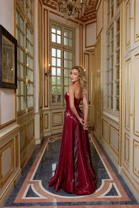 Burgundy Strapless Corset High Slit Sparkly Satin Formal Evening Gown Ms2512357