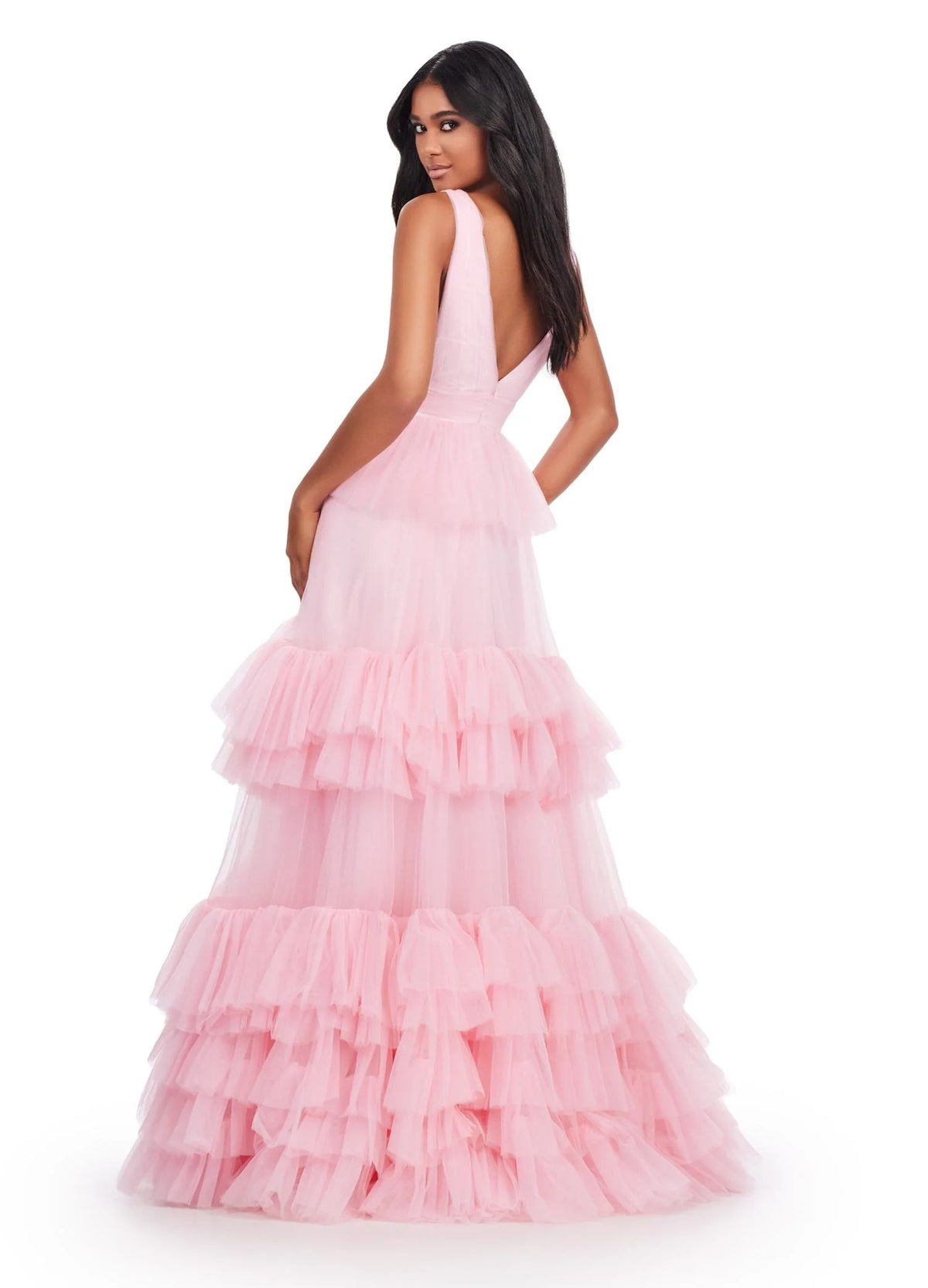Tiered Tulle Ruffle Evening Gown V-Neck A-Line Prom Dresses Ms2602042