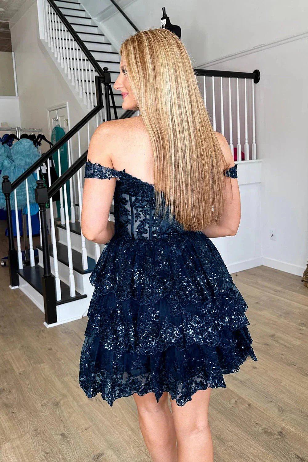 knee length dresses for ladies Off The Shoulder Prom Dresses Graduation Dress Lace Appliques Tiered H –  Msikoods Official Store