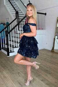 Gold Sequin Prom Dress Lace Layered Off Shoulder Mini Party Dress Ms09193