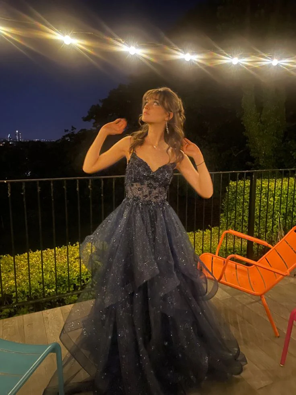Sparkly Prom Dress Spaghetti Straps Lace Appliques Corset Tiered Tulle Evening Dresses Ms2607302