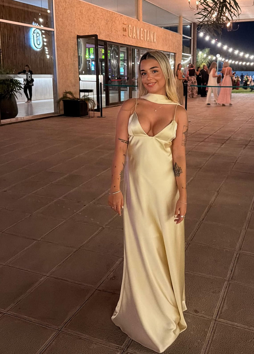 Sexy Satin Slit Evening Dress Deep V Neck Open Back Scarf Formal Prom Dress Party Gown Ms2607213