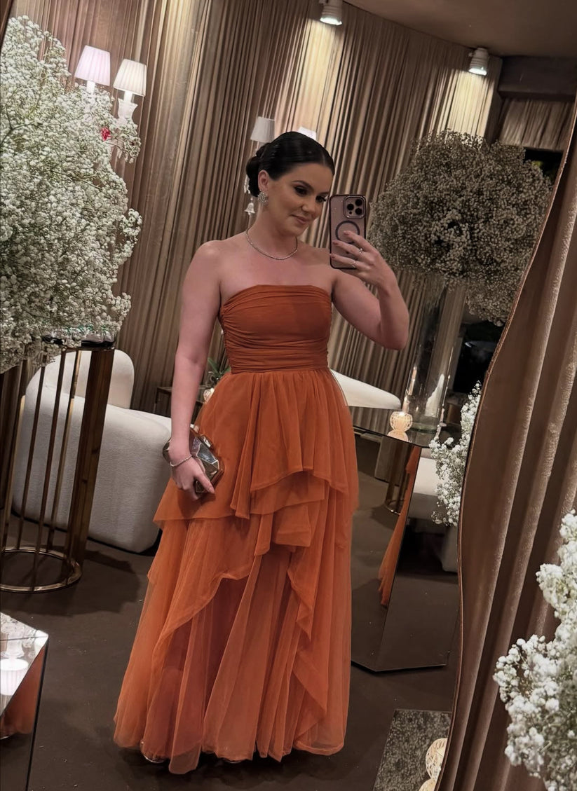 Orange Prom Dress Strapless Ruffle Tulle Evening Dress Layered A Line Formal Party Gown Ms2607212