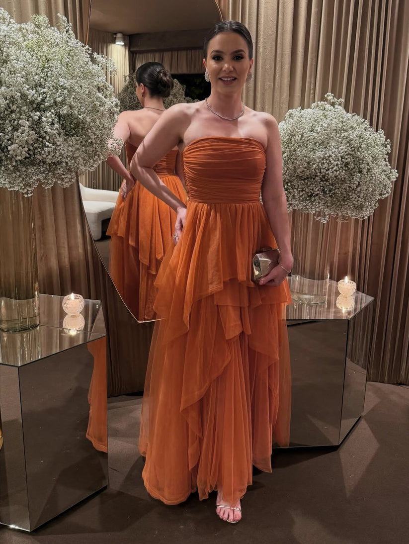 Orange Prom Dress Strapless Ruffle Tulle Evening Dress Layered A Line Formal Party Gown Ms2607212