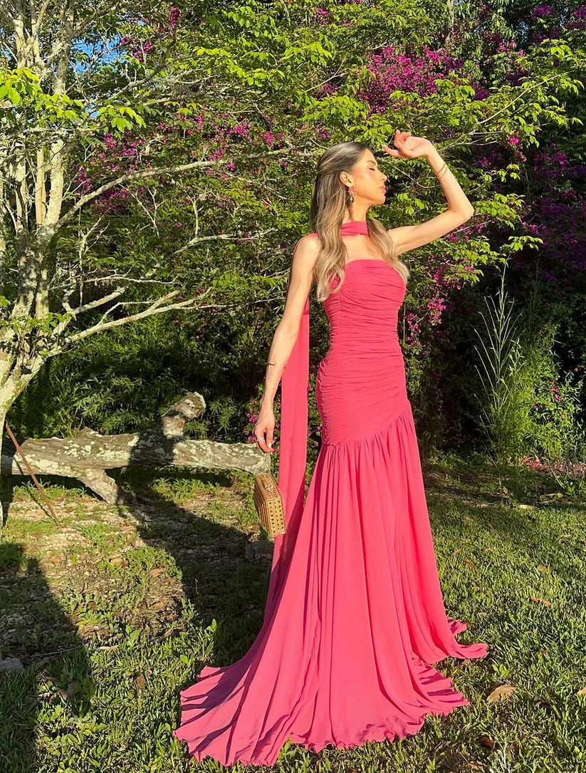 Mermaid Prom Dress Strapless Ruched Chiffon Scarf Evening Gown Birthday Party Dress Ms2607221