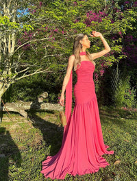 Mermaid Prom Dress Strapless Ruched Chiffon Scarf Evening Gown Birthday Party Dress Ms2607221