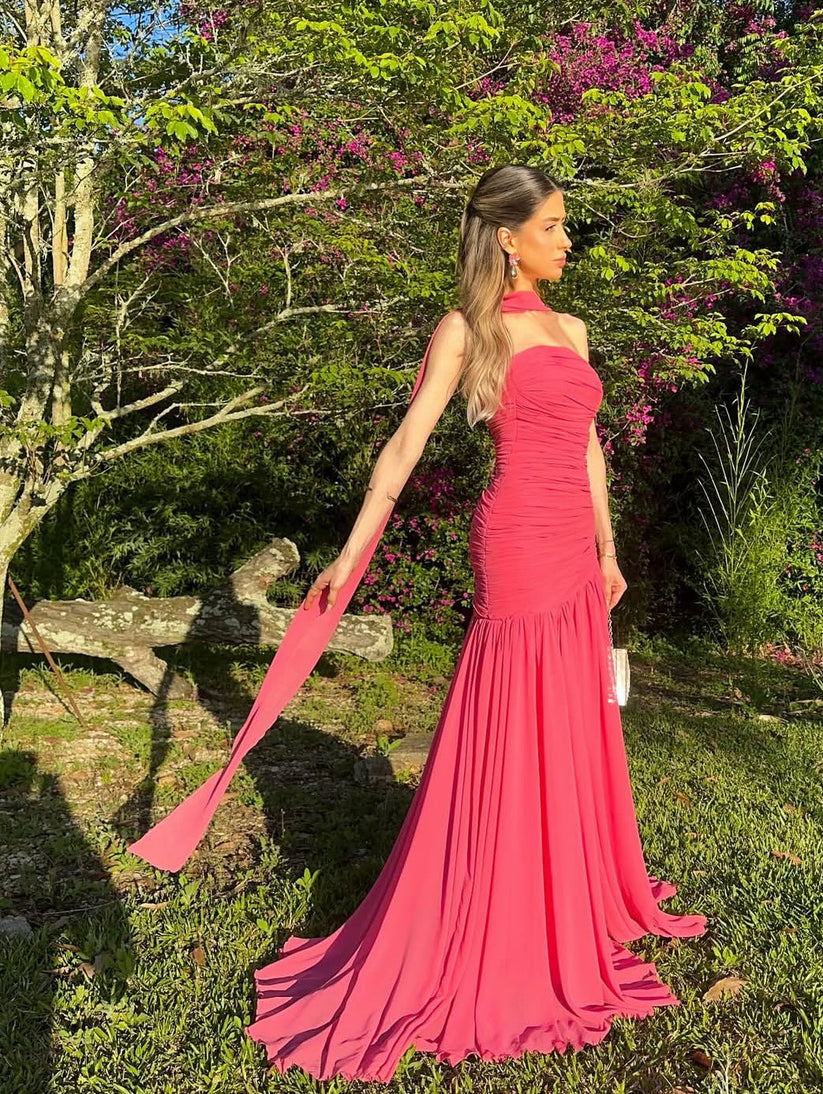 Mermaid Prom Dress Strapless Ruched Chiffon Scarf Evening Gown Birthday Party Dress Ms2607221