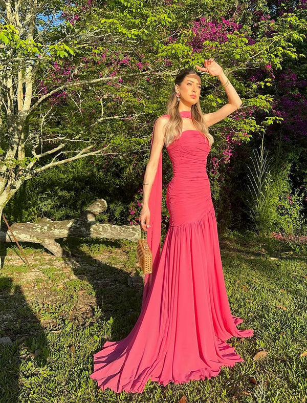 Mermaid Prom Dress Strapless Ruched Chiffon Scarf Evening Gown Birthday Party Dress Ms2607221