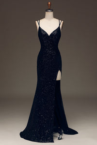 Black Sequin Spaghetti Strap Prom Dress High Slit Sexy Formal Dress Ms2508041