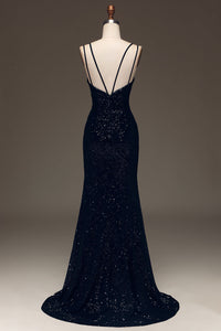 Black Sequin Spaghetti Strap Prom Dress High Slit Sexy Formal Dress Ms2508041