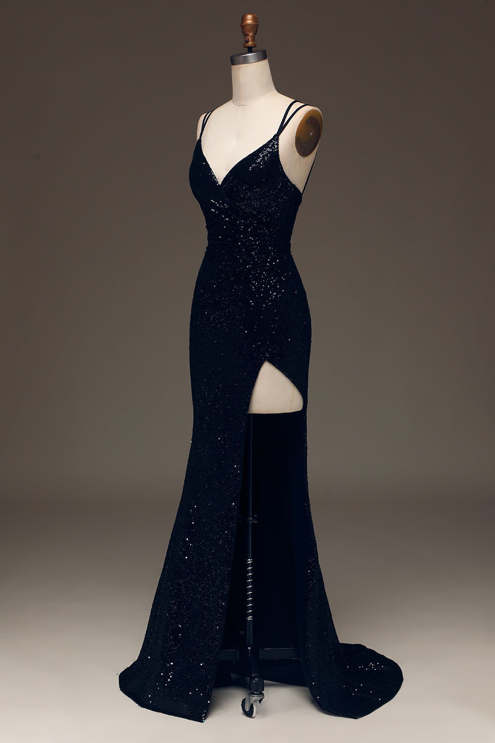 Black Sequin Spaghetti Strap Prom Dress High Slit Sexy Formal Dress Ms2508041