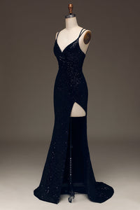 Black Sequin Spaghetti Strap Prom Dress High Slit Sexy Formal Dress Ms2508041