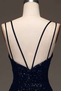 Black Sequin Spaghetti Strap Prom Dress High Slit Sexy Formal Dress Ms2508041