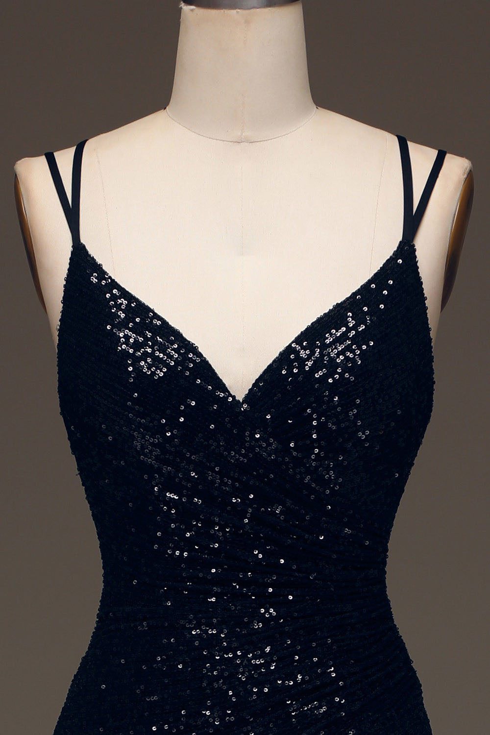 Black Sequin Spaghetti Strap Prom Dress High Slit Sexy Formal Dress Ms2508041