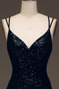 Black Sequin Spaghetti Strap Prom Dress High Slit Sexy Formal Dress Ms2508041