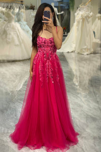 Tulle Prom Dress Floral Embroidered Spaghetti Strap A-Line Prom Dress Ms251065