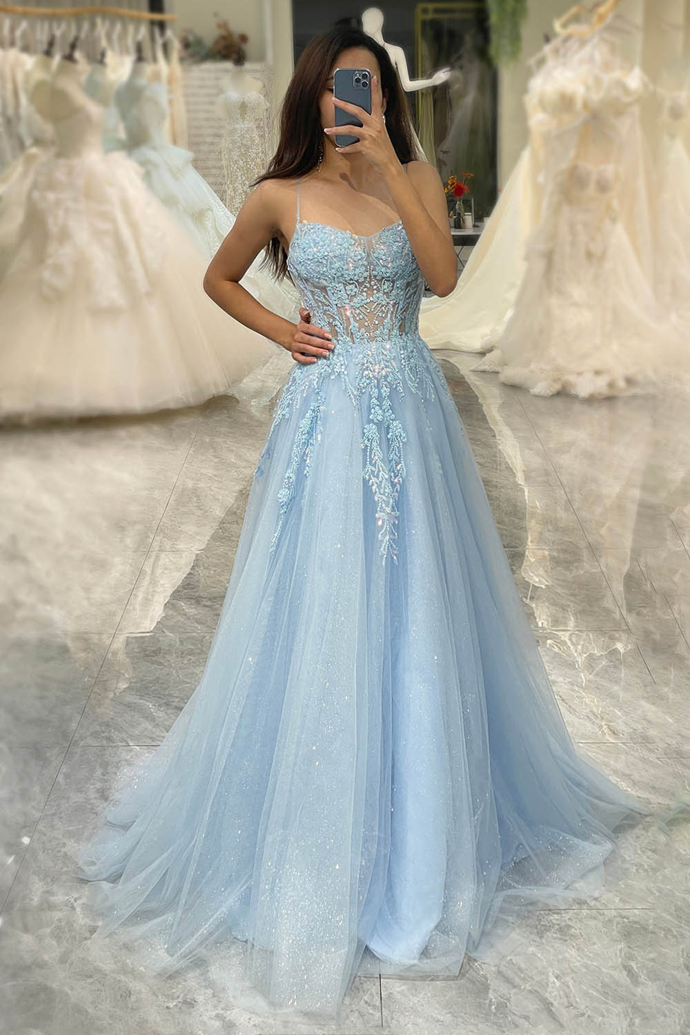 Tulle Prom Dress Floral Embroidered Spaghetti Strap A-Line Prom Dress Ms251065