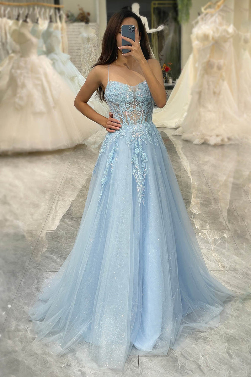 Tulle Prom Dress Floral Embroidered Spaghetti Strap A-Line Prom Dress Ms251065